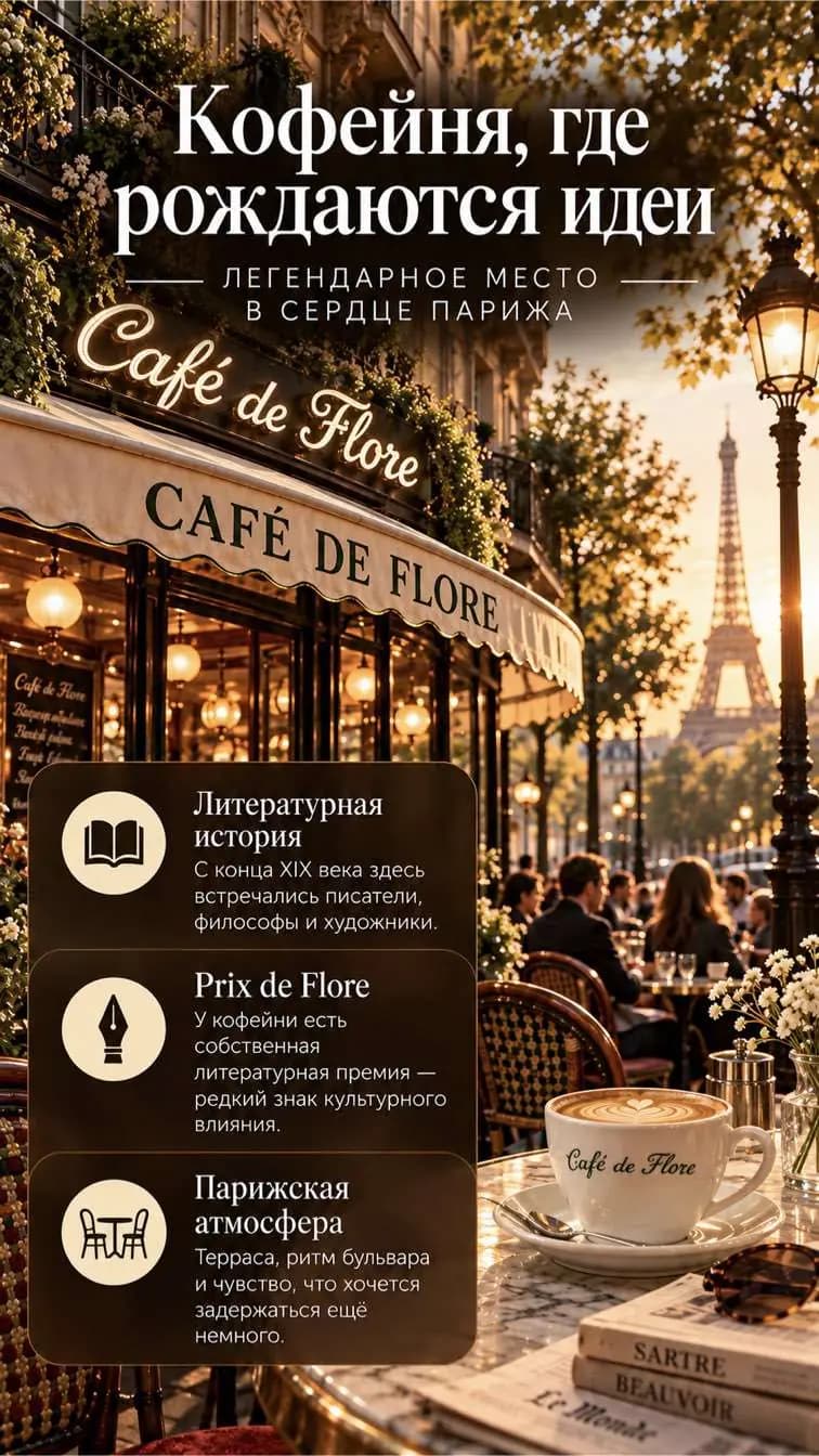 Слайд атласа: терраса Café de Flore и Эйфелева башня вдали.