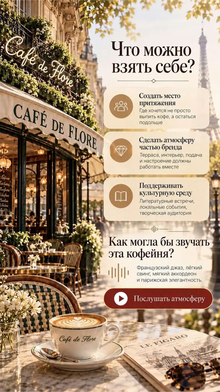 Слайд атласа: что можно взять себе у Café de Flore и как могла бы звучать кофейня.