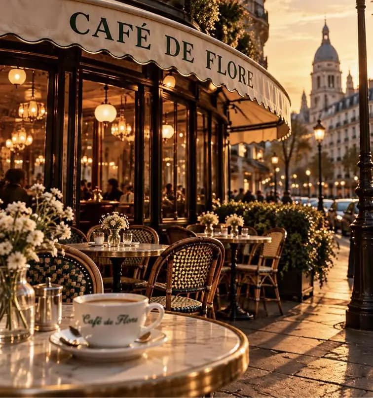 Терраса Café de Flore с зелёной маркизой, плетёными стульями и цветами.
