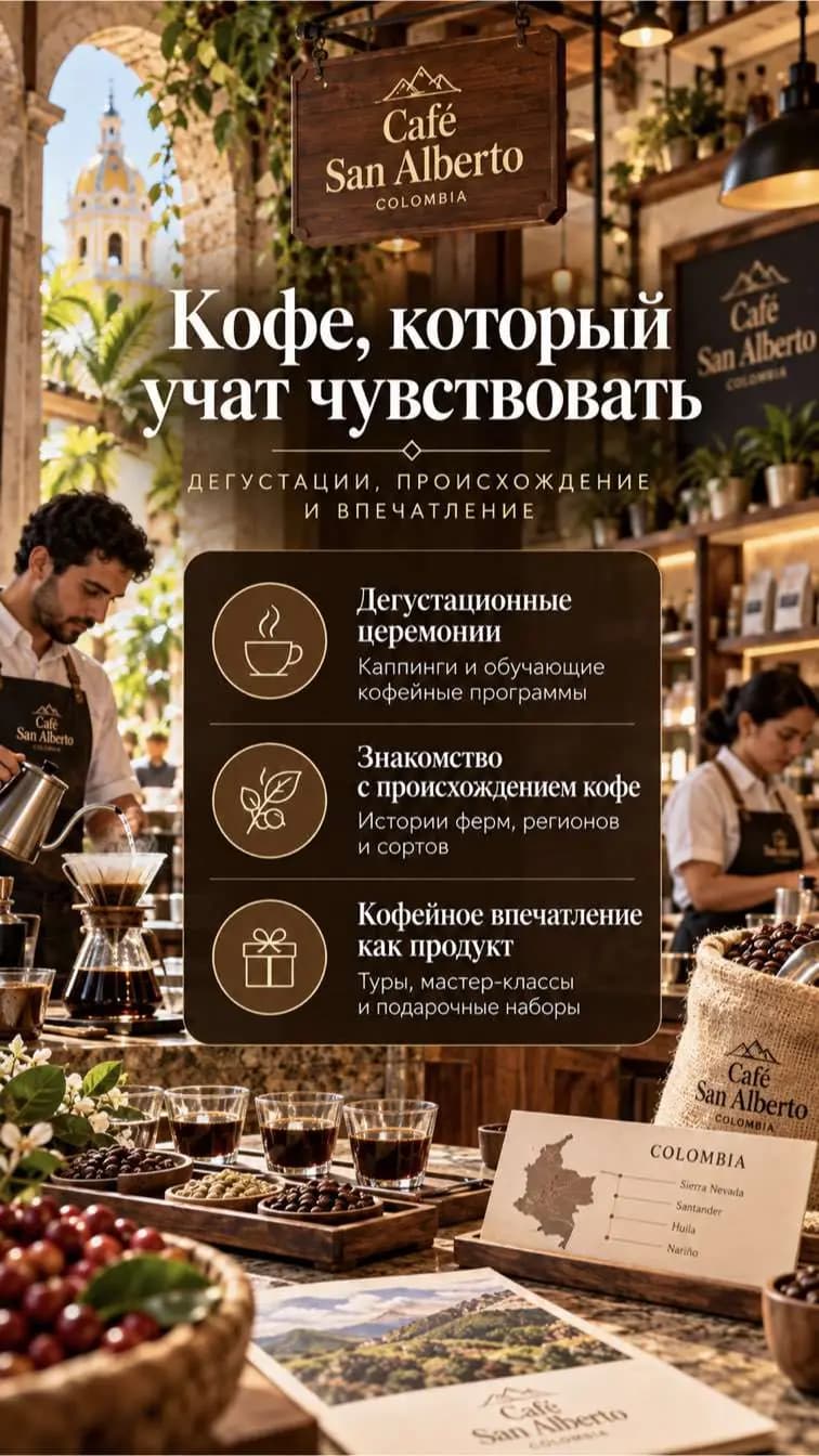 Слайд атласа: бариста Café San Alberto проводит дегустацию.