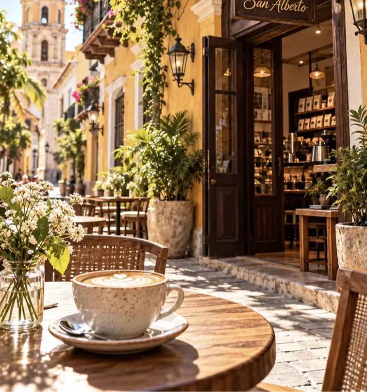 Жёлтый фасад Café San Alberto с бугенвиллеей и кованым фонарём.