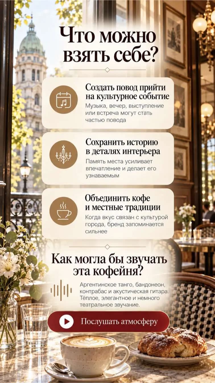 Слайд атласа: что можно взять себе у Café Tortoni и как могла бы звучать кофейня.