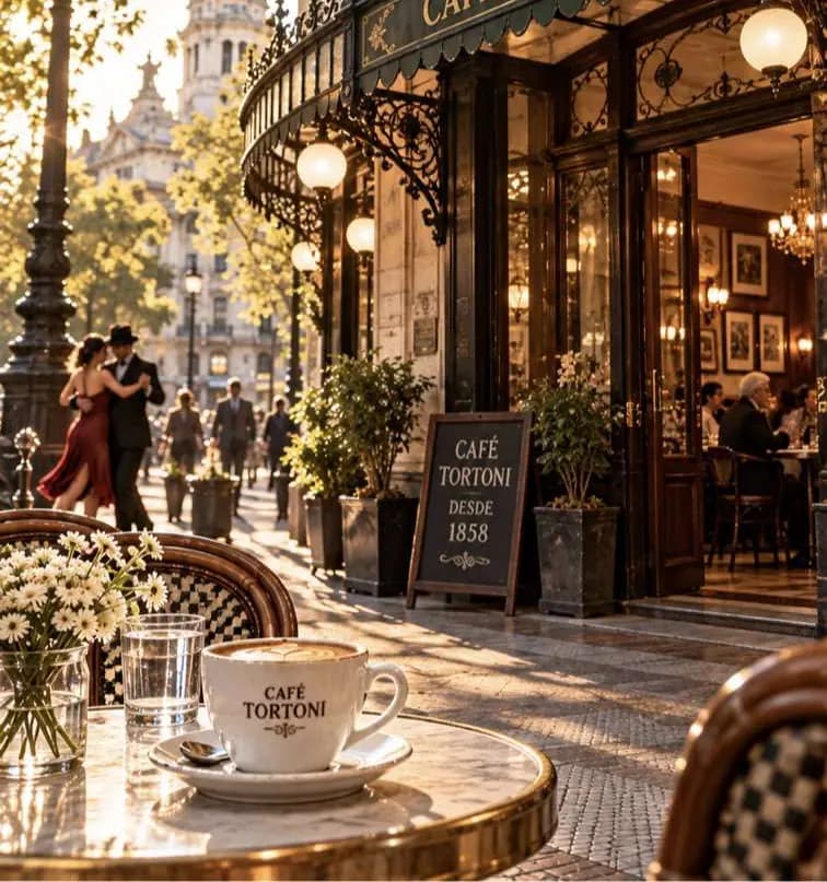 Вход в Café Tortoni под чугунным козырьком, пара танцует танго на улице.