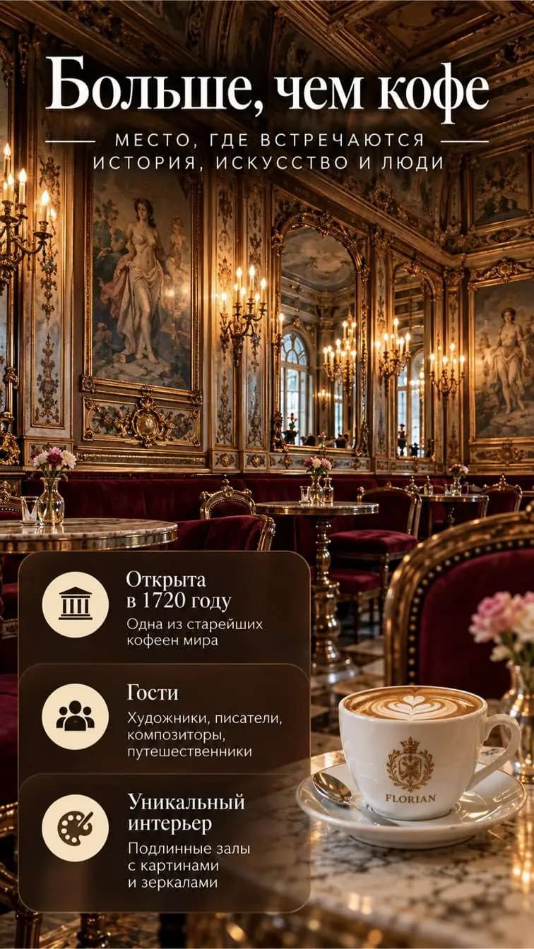 Слайд атласа: залы Caffè Florian с картинами, зеркалами и красным бархатом.