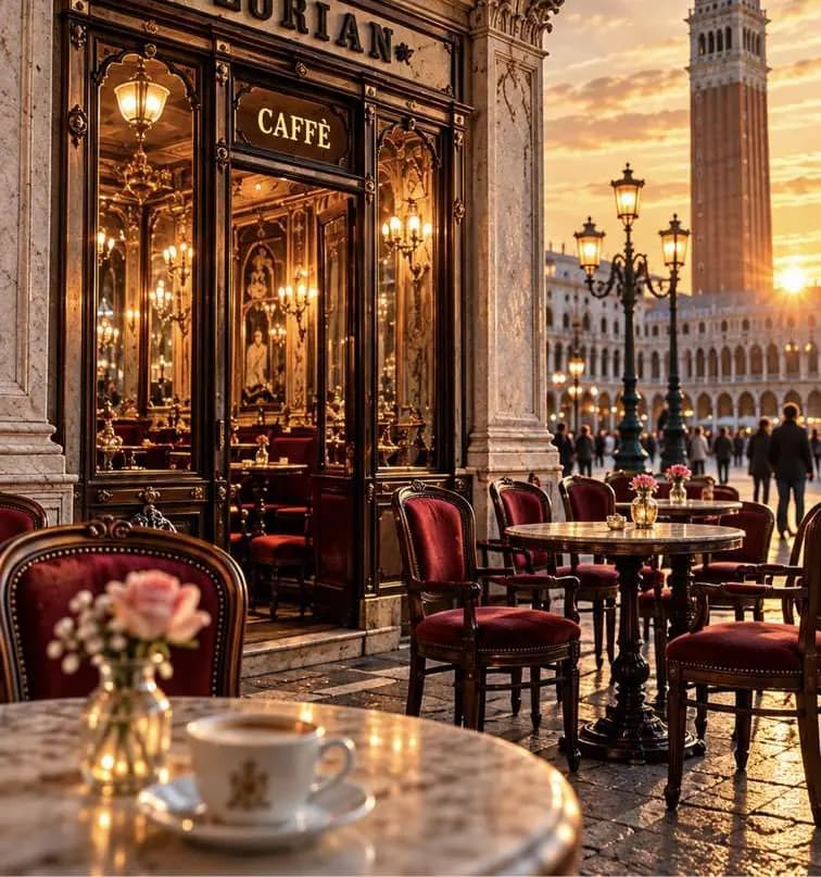 Вход в Caffè Florian под аркадами площади, вечерний свет и колокольня вдали.