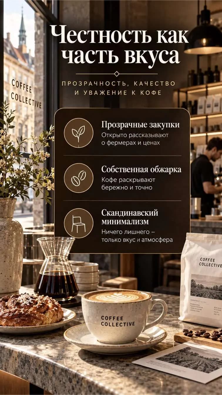 Слайд атласа: стойка Coffee Collective, пуровер и выпечка.