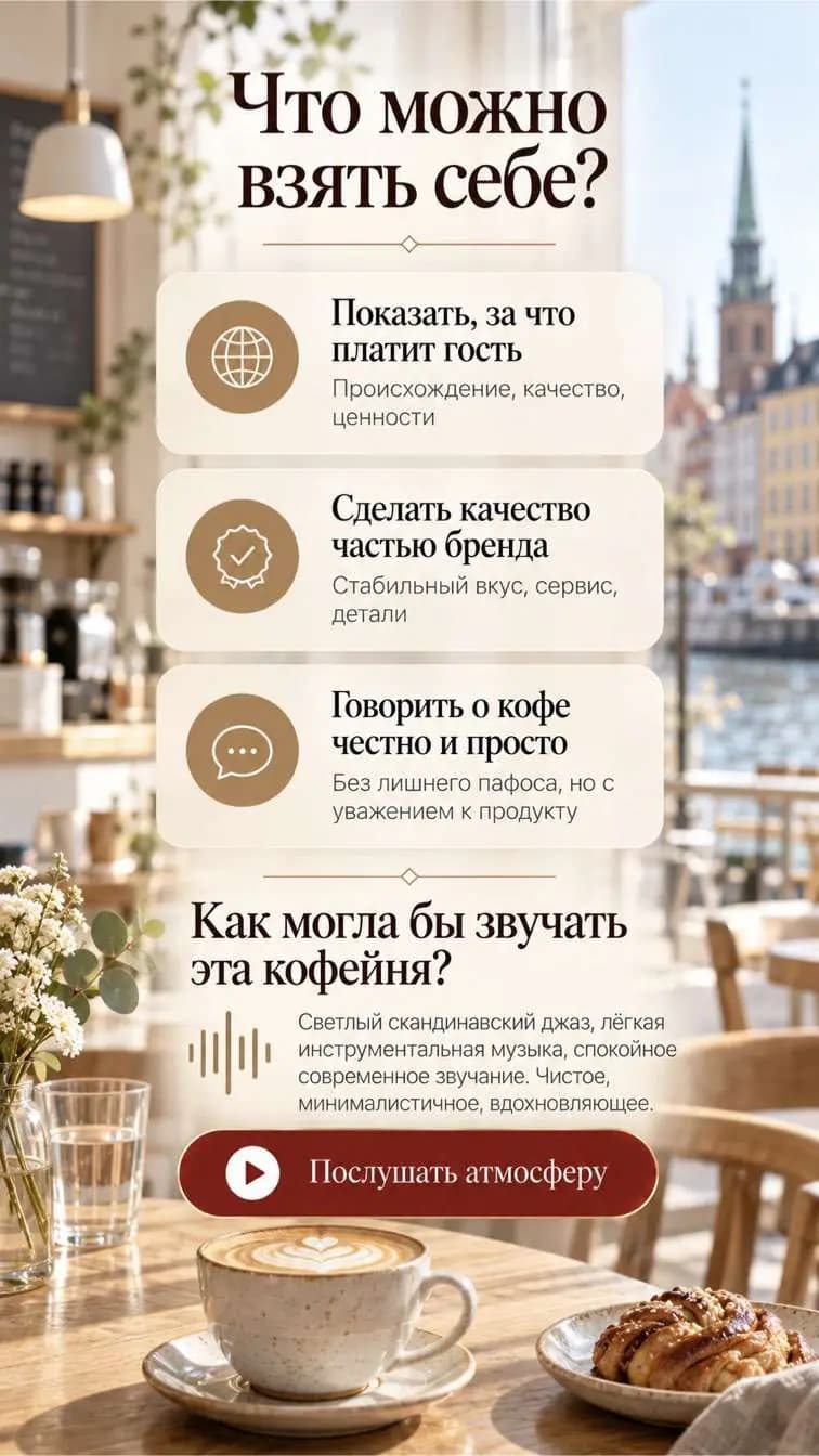 Слайд атласа: что можно взять себе у Coffee Collective и как могла бы звучать кофейня.