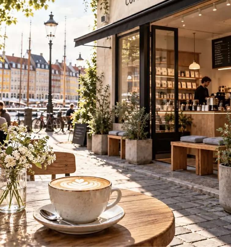 Светлая витрина Coffee Collective на солнечной улице у воды.