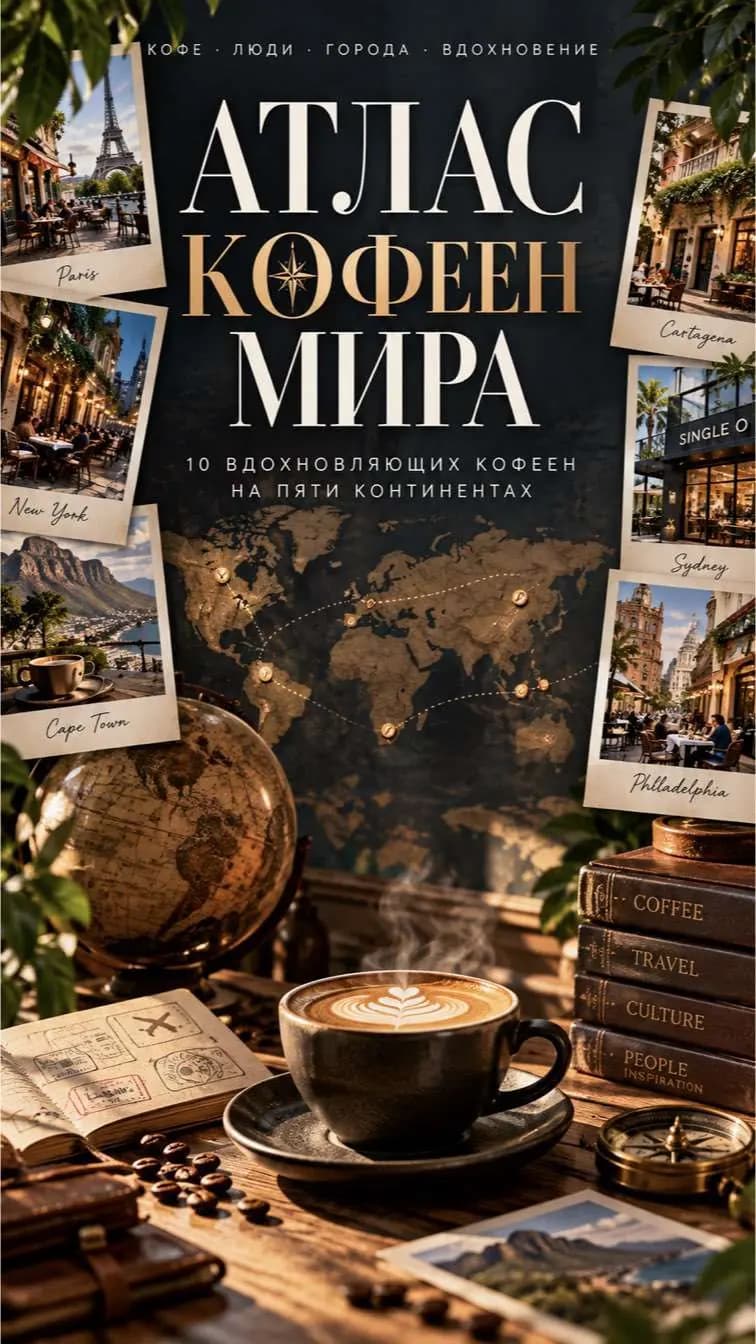 Обложка «Атлас кофеен мира»: карта мира, полароиды из Парижа, Нью-Йорка, Сиднея, Кейптауна и чашка капучино.