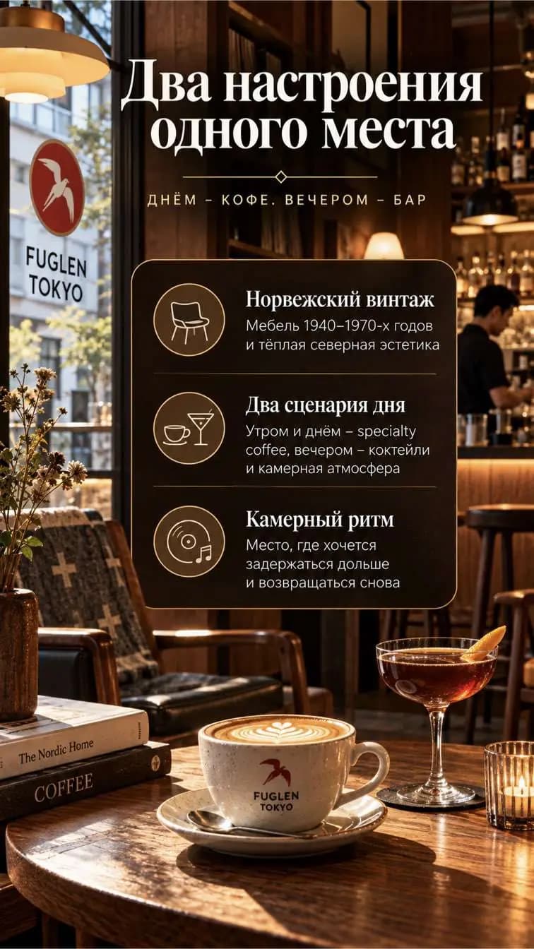 Слайд атласа: винтажный зал Fuglen Tokyo, кофе и коктейль.