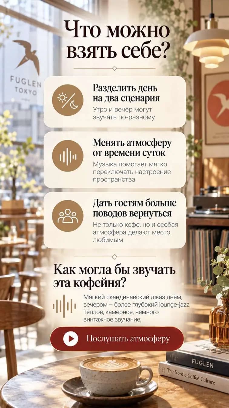 Слайд атласа: что можно взять себе у Fuglen Tokyo и как могла бы звучать кофейня.