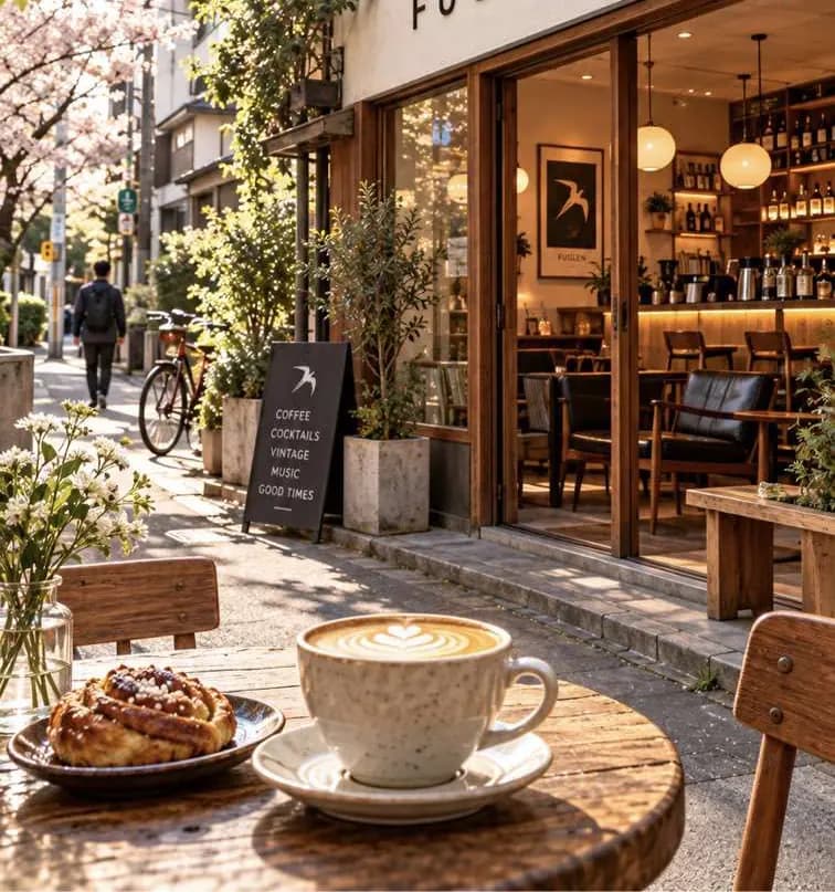 Вход в Fuglen Tokyo: деревянная мебель, лампы и сакура у входа.