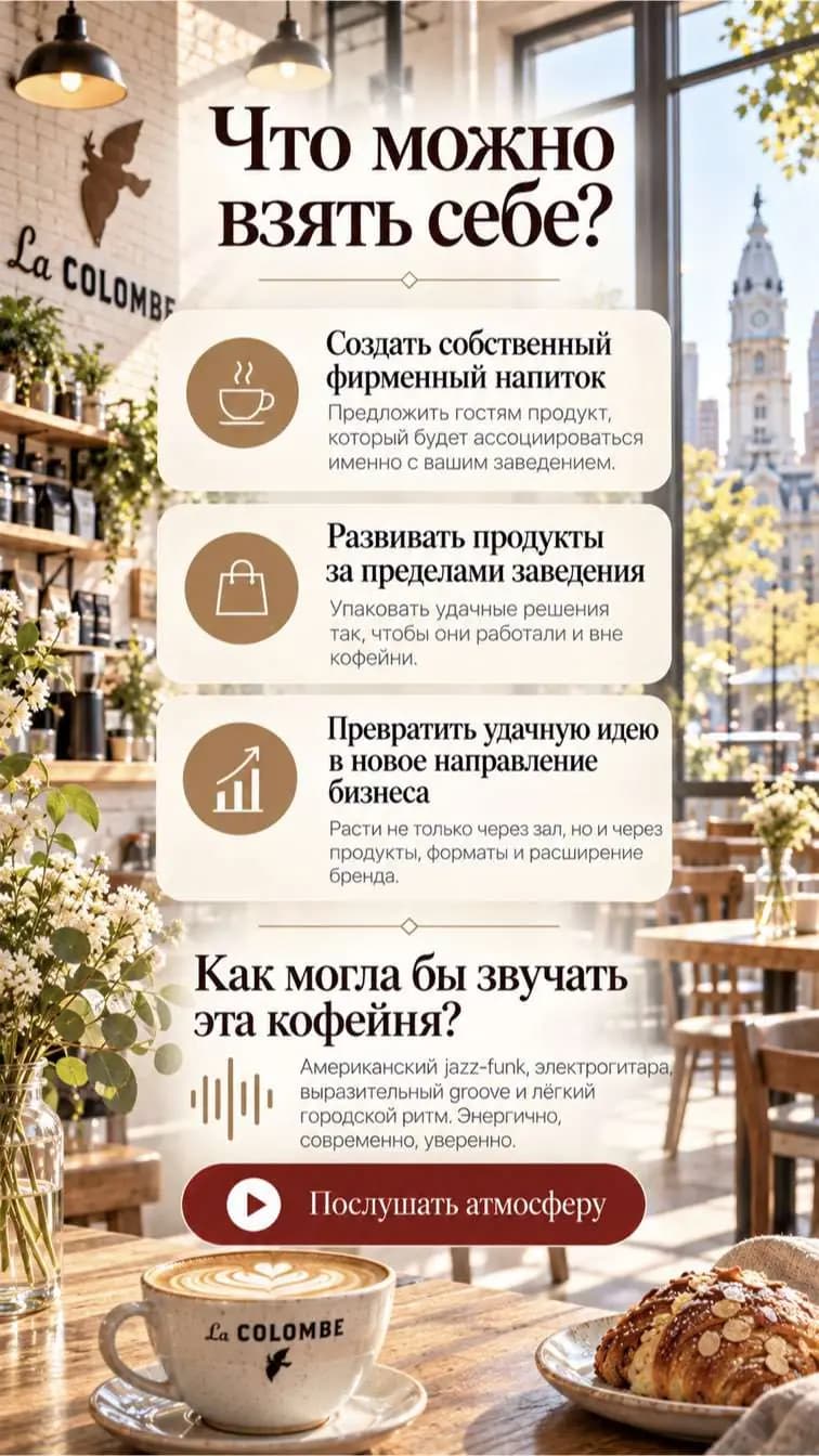 Слайд атласа: что можно взять себе у La Colombe и как могла бы звучать кофейня.