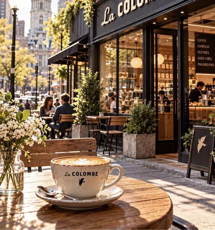 Тёмный фасад La Colombe с голубем на вывеске и уличными столиками.
