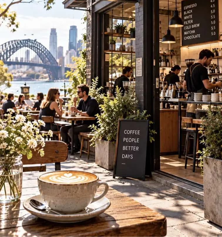 Утренняя улица у Single O Surry Hills: гости за столиками, мост вдали.