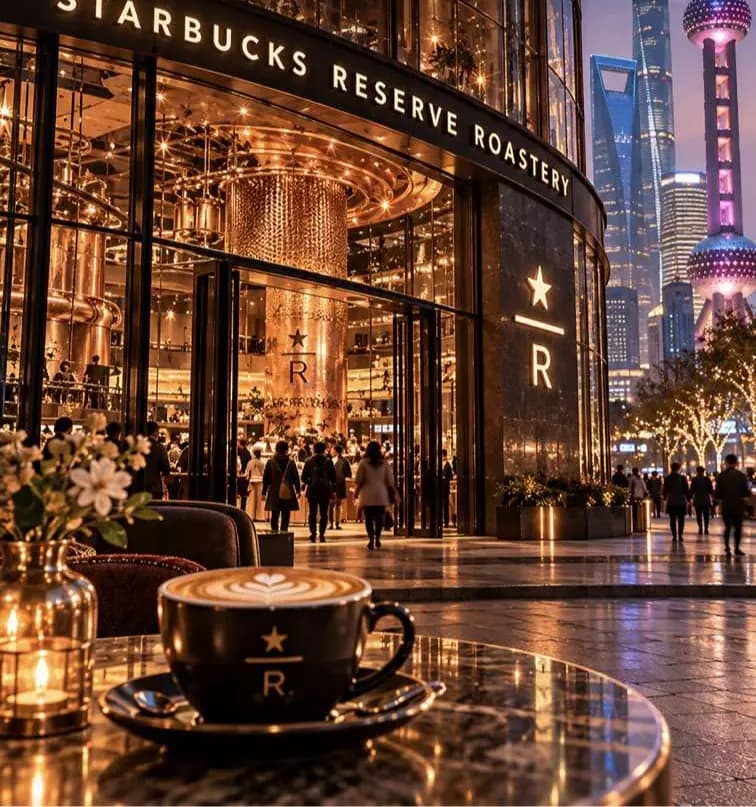Вечерний фасад Starbucks Reserve Roastery Shanghai и огни небоскрёбов.