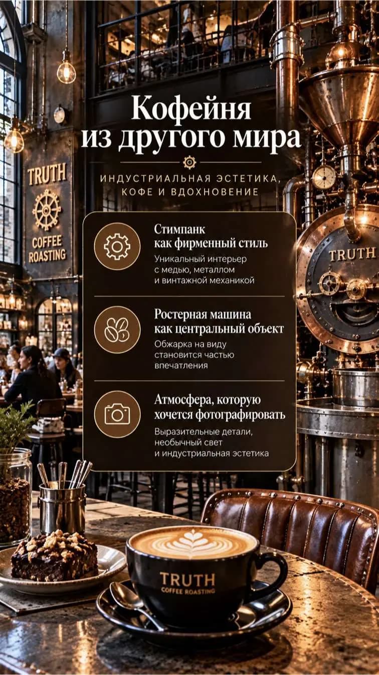 Слайд атласа: стимпанк-интерьер и ростер Truth Coffee Roasting.