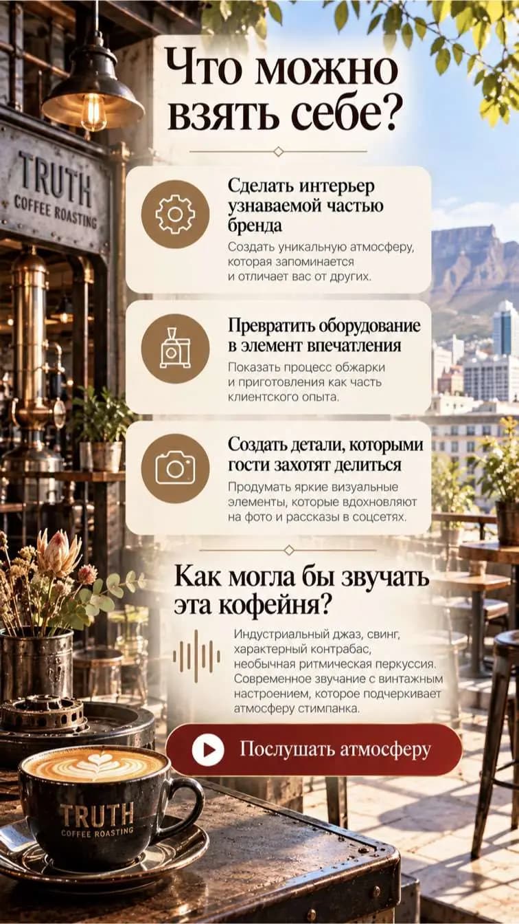 Слайд атласа: что можно взять себе у Truth Coffee Roasting и как могла бы звучать кофейня.