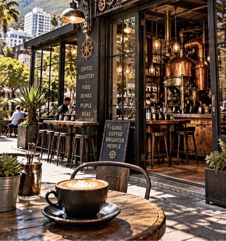 Фасад Truth Coffee Roasting с шестерёнками и медными трубами, гора вдали.
