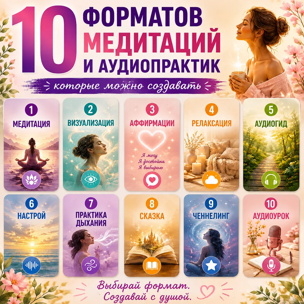 Обложка аудиопрактики «25 готовых решений для создания своих медитаций» – Сергей Петров