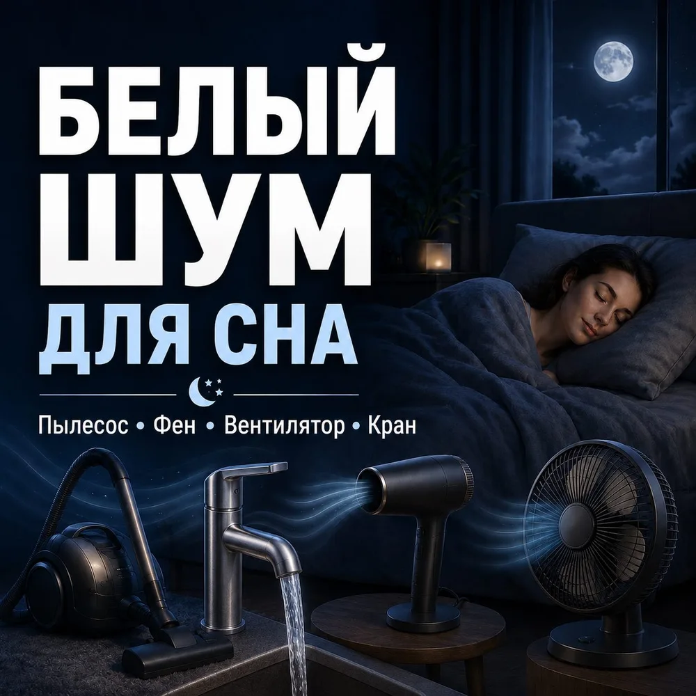 Обложка плейлиста «Белый шум для сна | Звук пылесоса, фена, вентилятора, крана» на АудиоЛаде